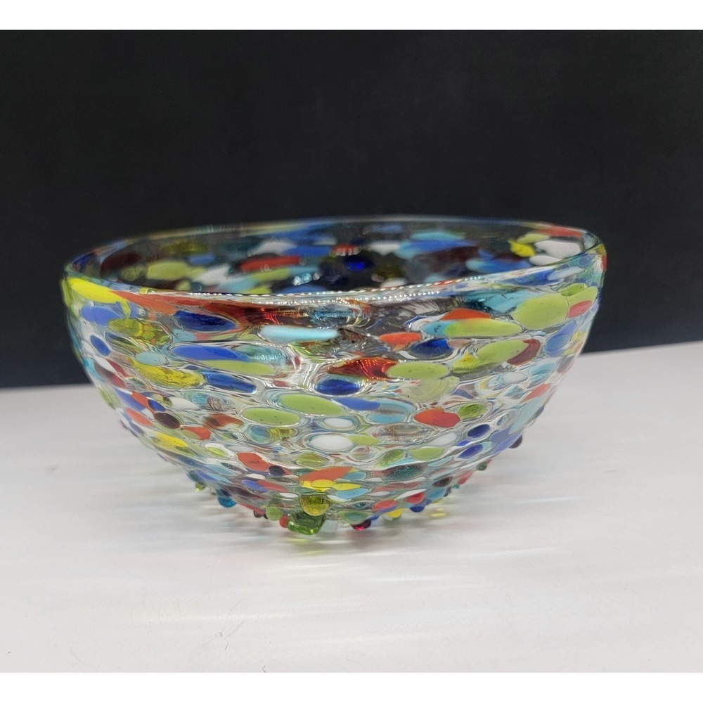 Hand Blown Art Glass Colorful Confetti Pebble Bowl 5.5"
